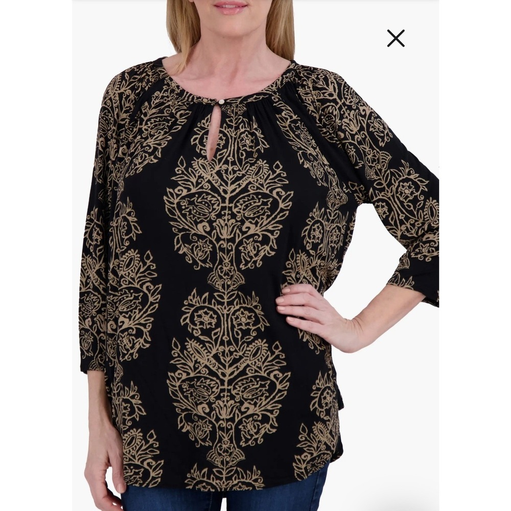 Lucky Brand Womens Black Floral 3/4 Raglan Sleeve Tunic Top Blouse Size 1XL